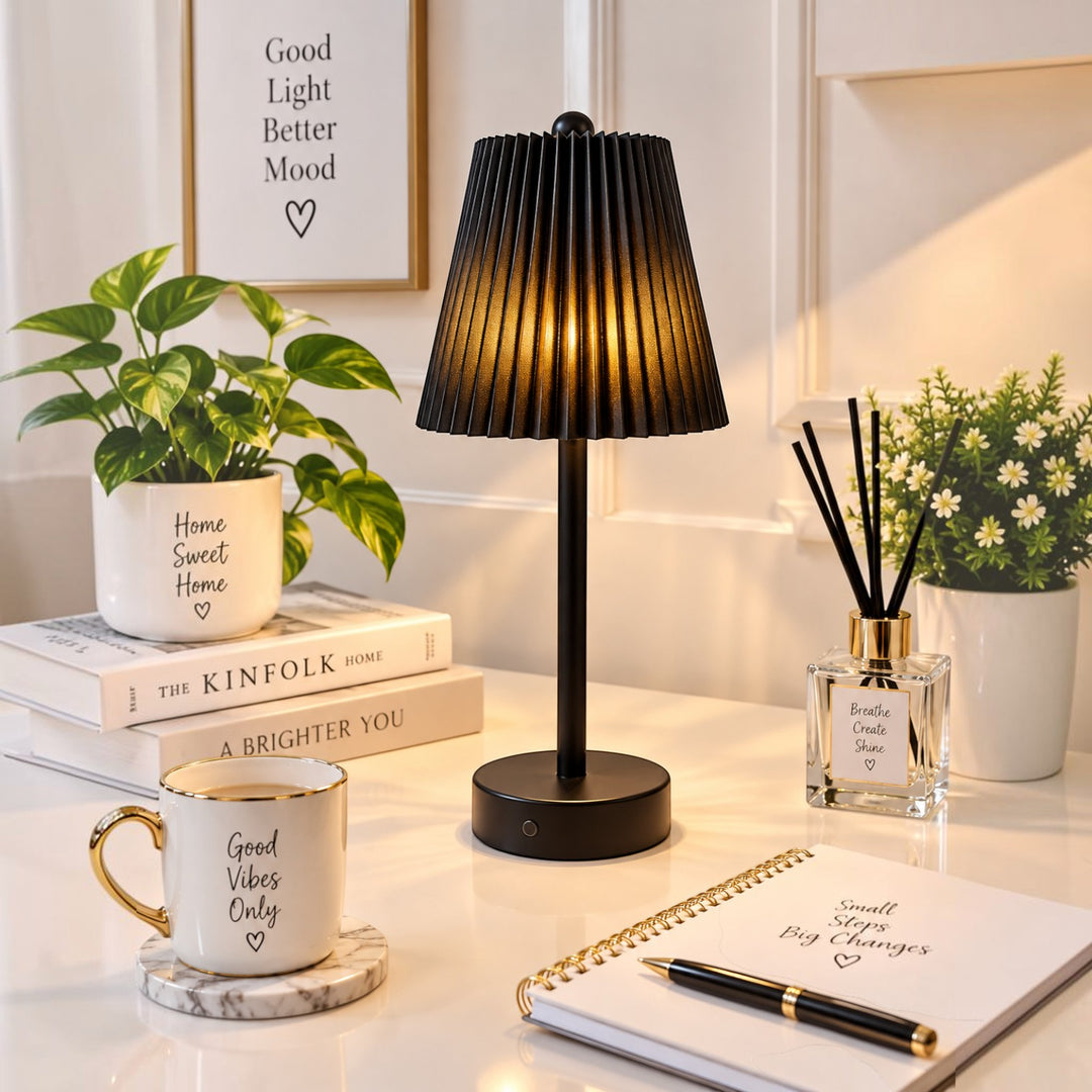 Modern Black Pleated LED Table Lamp (Pair)