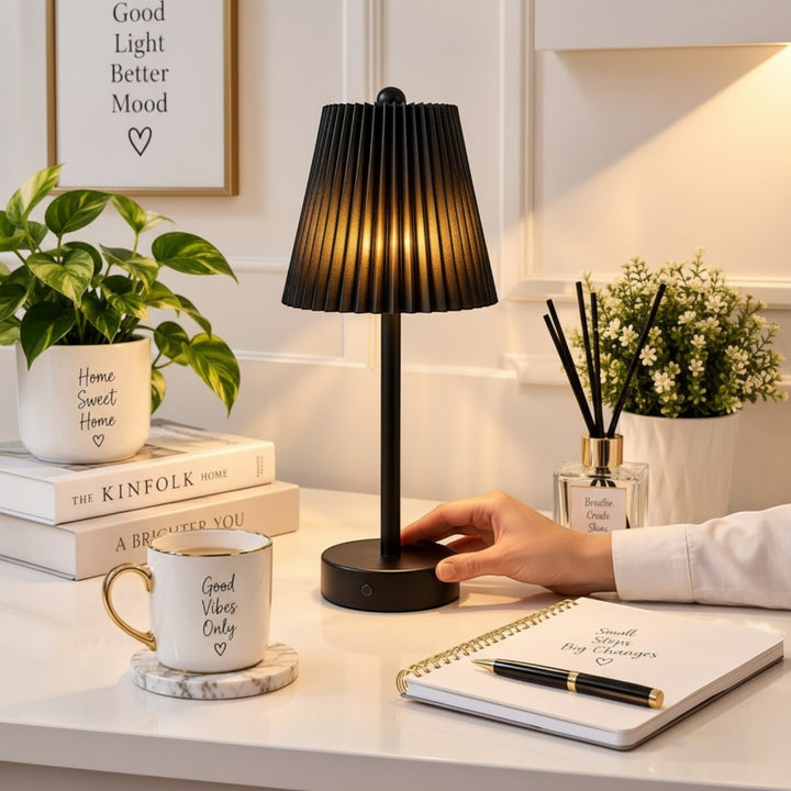 Modern Black Pleated LED Table Lamp (Pair)