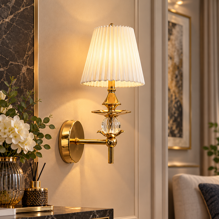 Luxury Gold Wall Sconce with White Pleated Shade & Crystal Accent