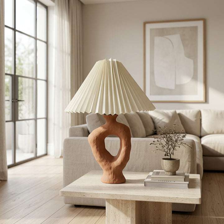 Artistic Terracotta Table Lamp With Pleated Shade