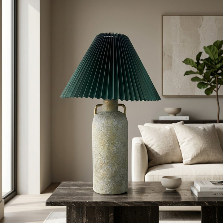 Contemporary Stone Table Lamp With Teal Pleated Shade