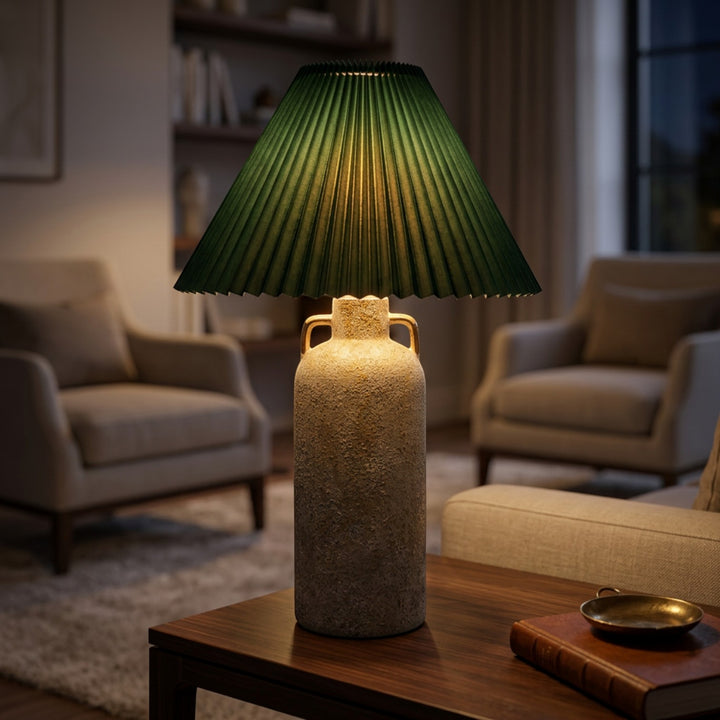 Contemporary Stone Table Lamp With Teal Pleated Shade