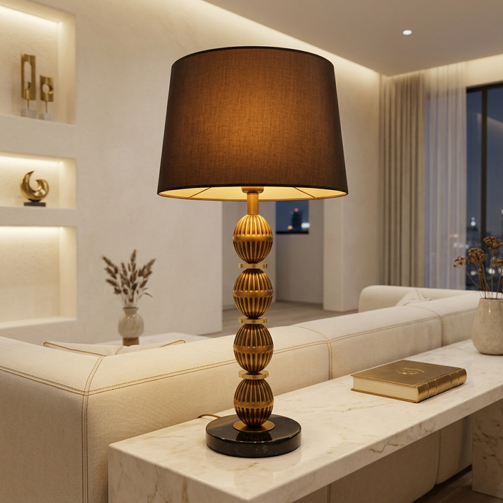 Luxury Gold Ribbed Orb Table Lamp with Dark Brown Shade