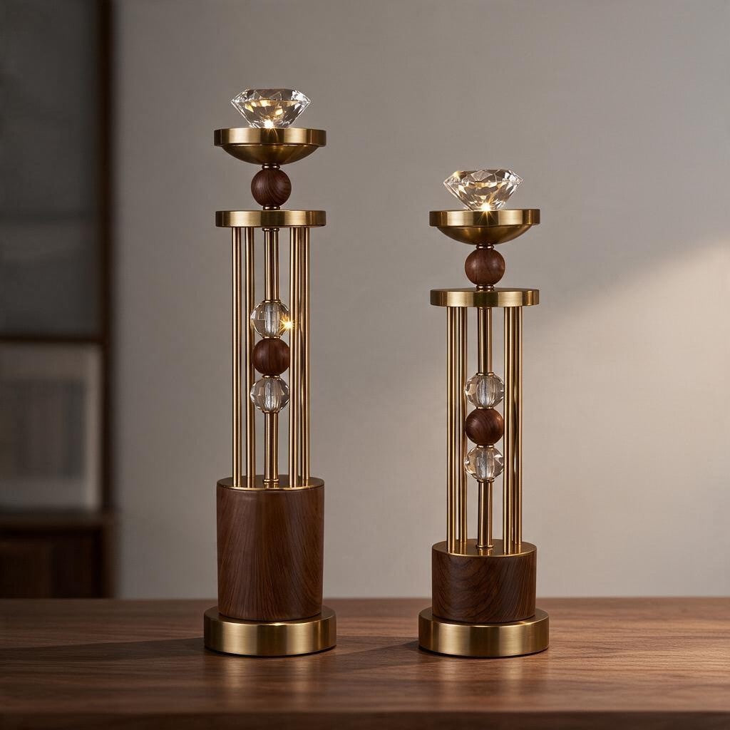 Luxury Gold & Wood Decorative Candle Holders (Pair)
