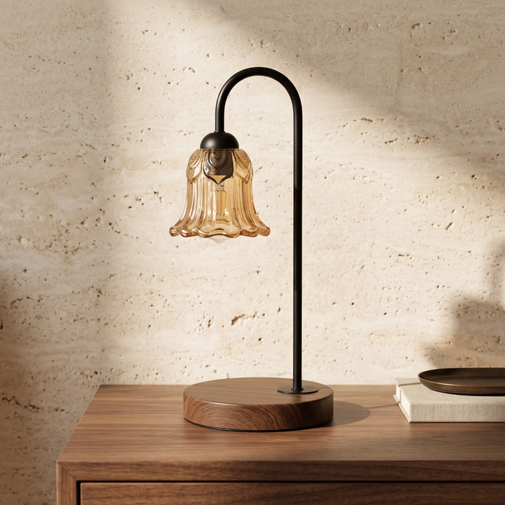 Modern Amber Glass Table Lamp with Black Curved Frame