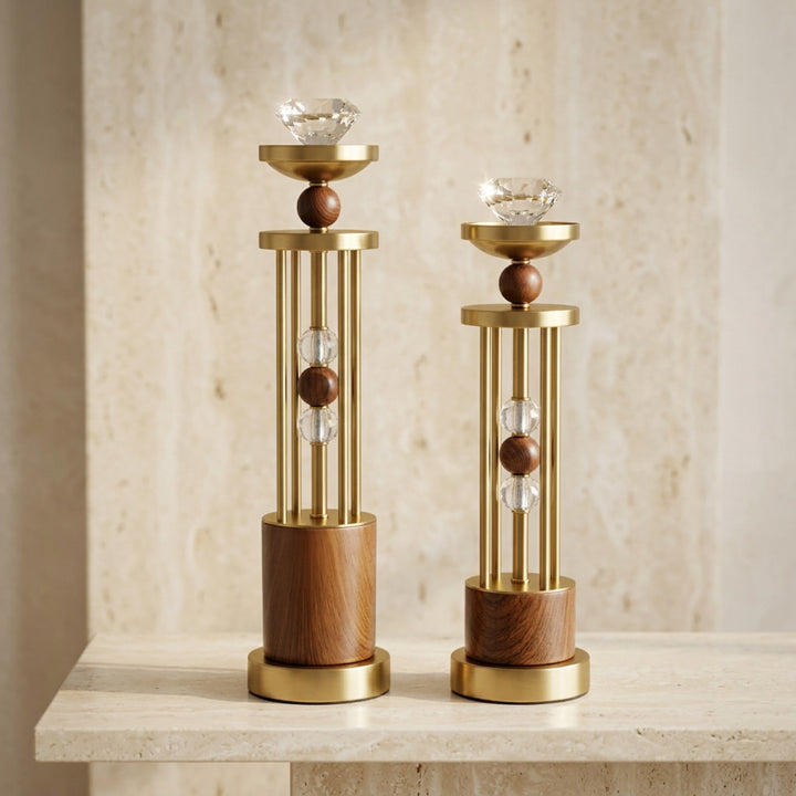 Luxury Gold & Wood Decorative Candle Holders (Pair)