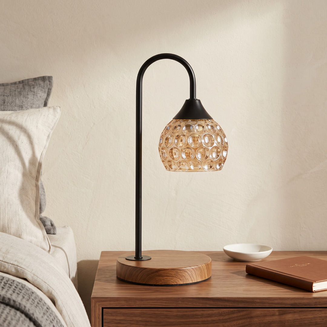 Modern Amber Glass Table Lamp with Wooden Base