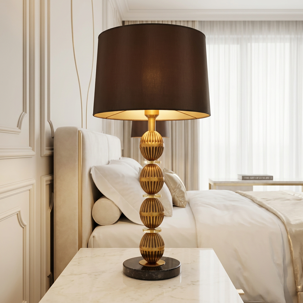 Luxury Gold Ribbed Orb Table Lamp with Dark Brown Shade