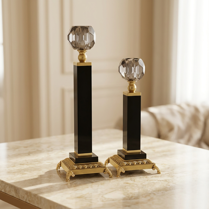 Black & Gold Crystal LED Candle Holder Pair
