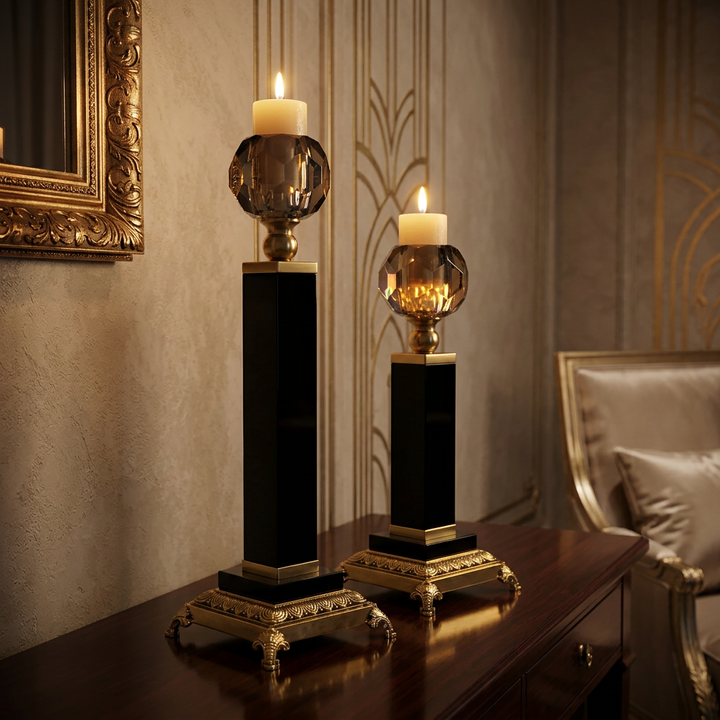 Black & Gold Crystal LED Candle Holder Pair