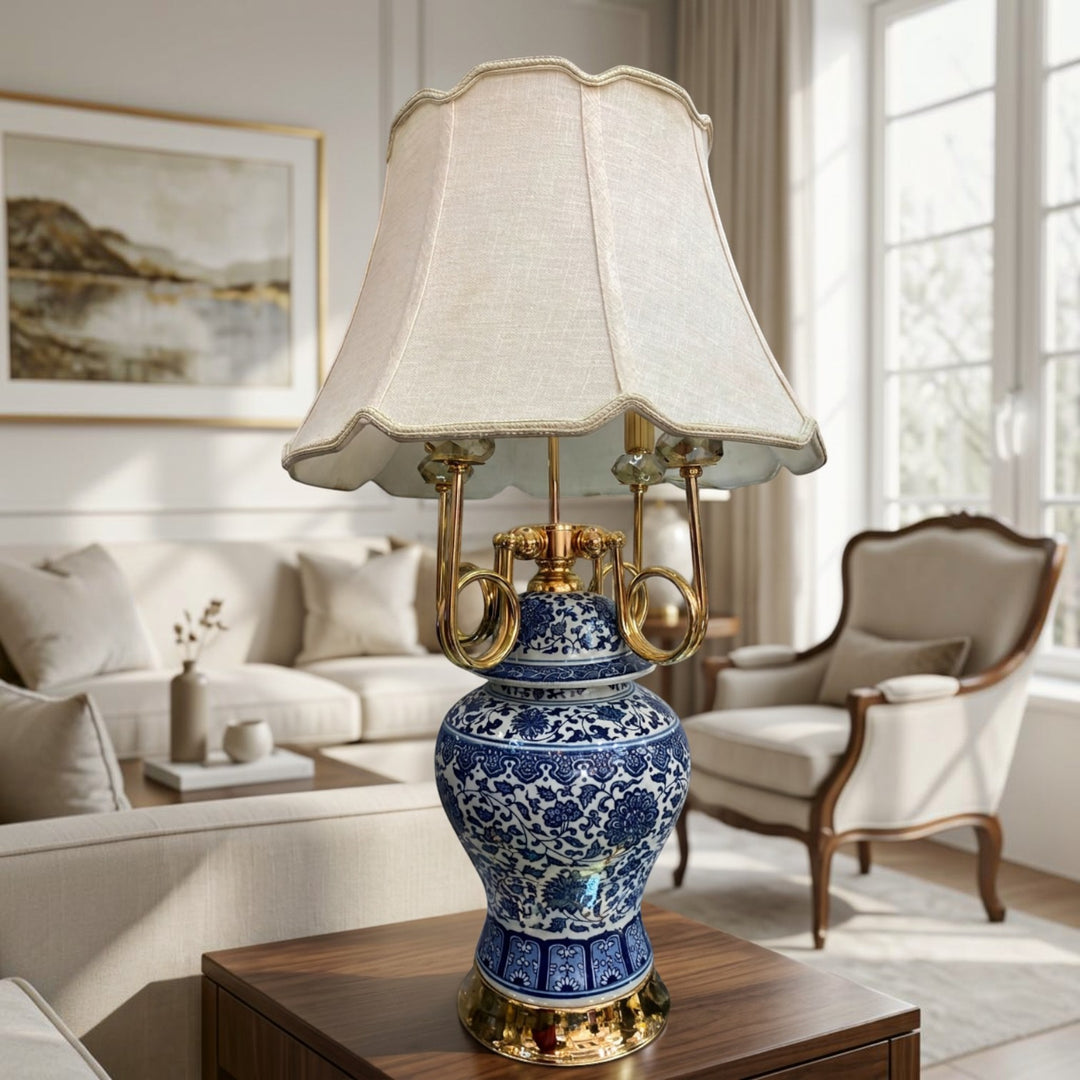 Royal Blue White Floral Porcelain Table Lamp