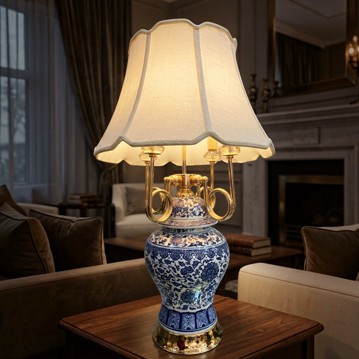 Royal Blue White Floral Porcelain Table Lamp