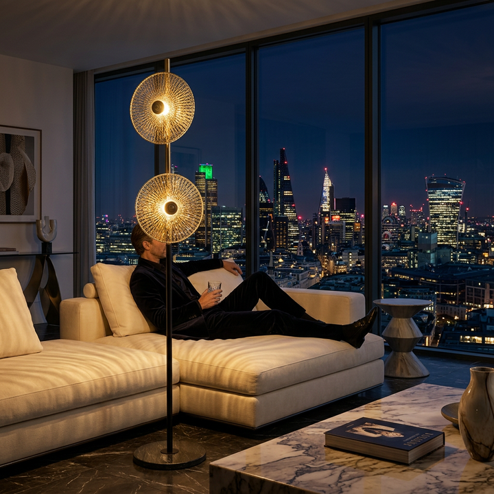 Noir Gleam – Black Crystal & Brass Floor Lamp