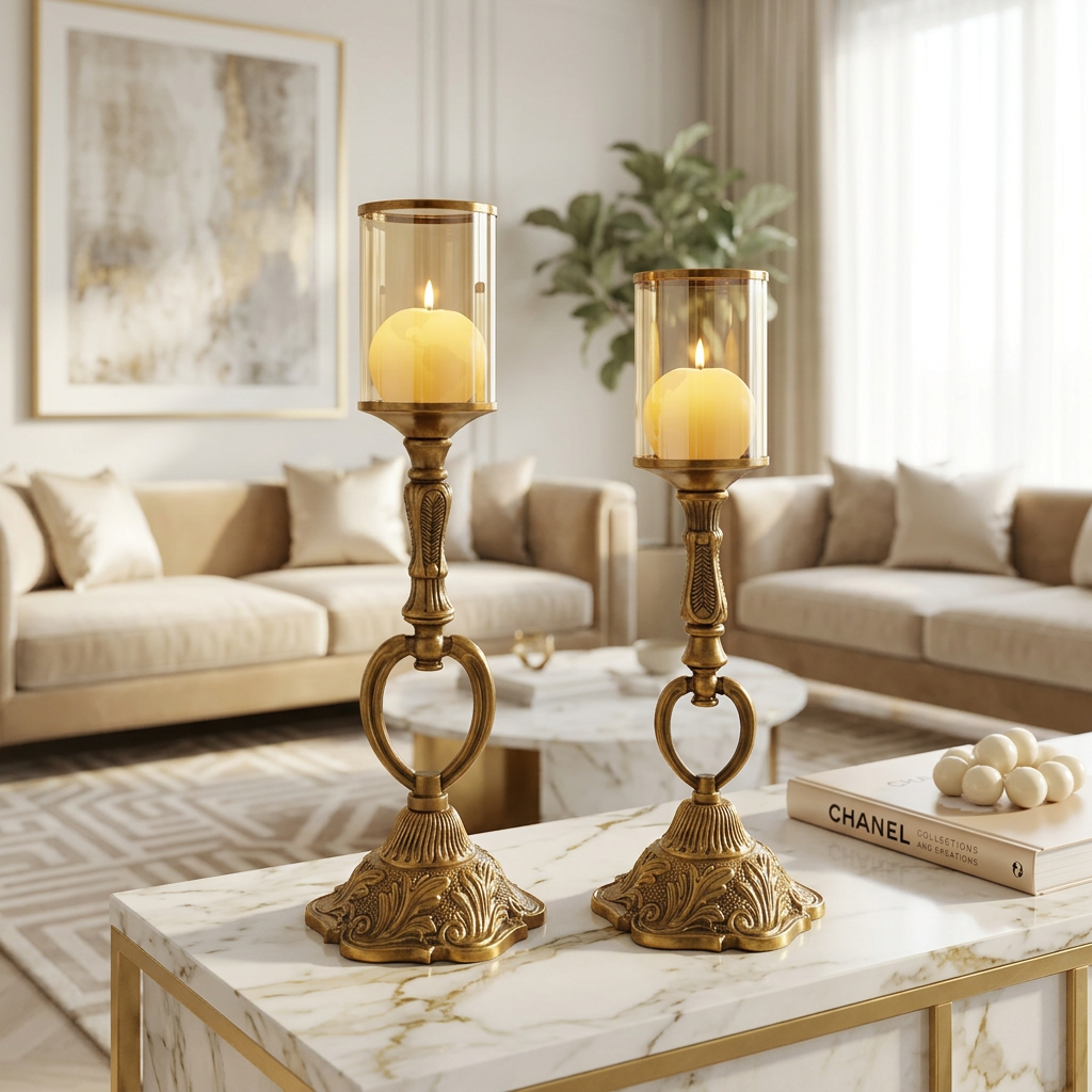 Antique Gold Glass Candle Holder Pair