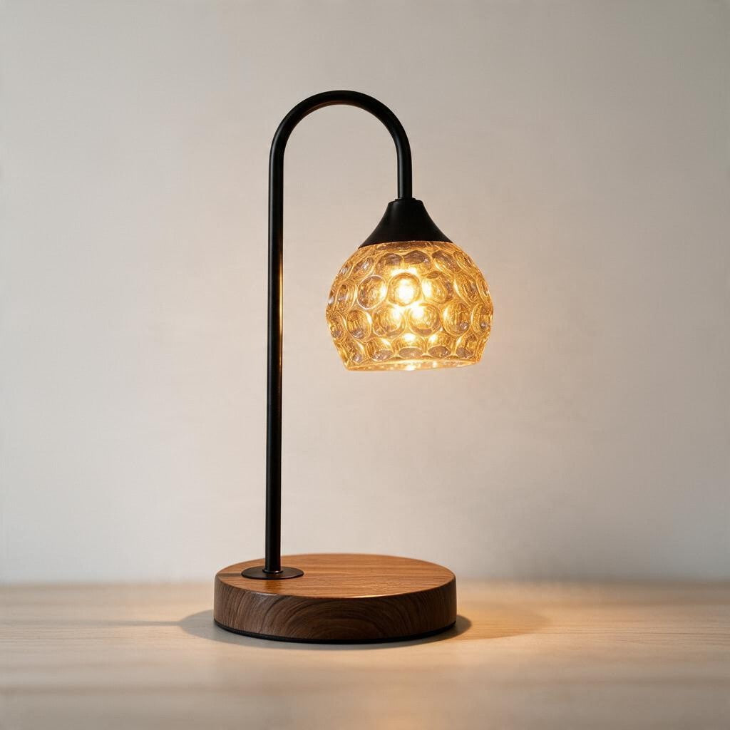 Modern Amber Glass Table Lamp with Wooden Base