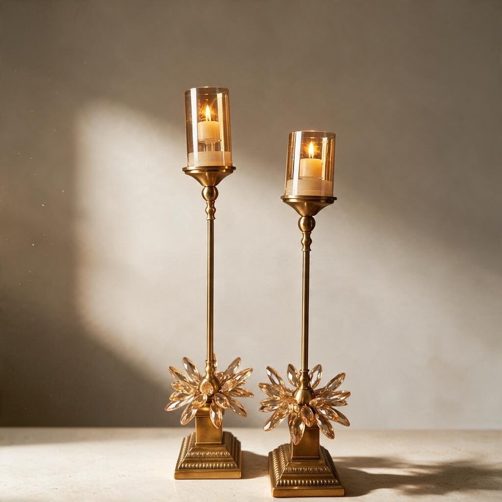 Luxury Gold Crystal Floral Candle Holders (Pair)