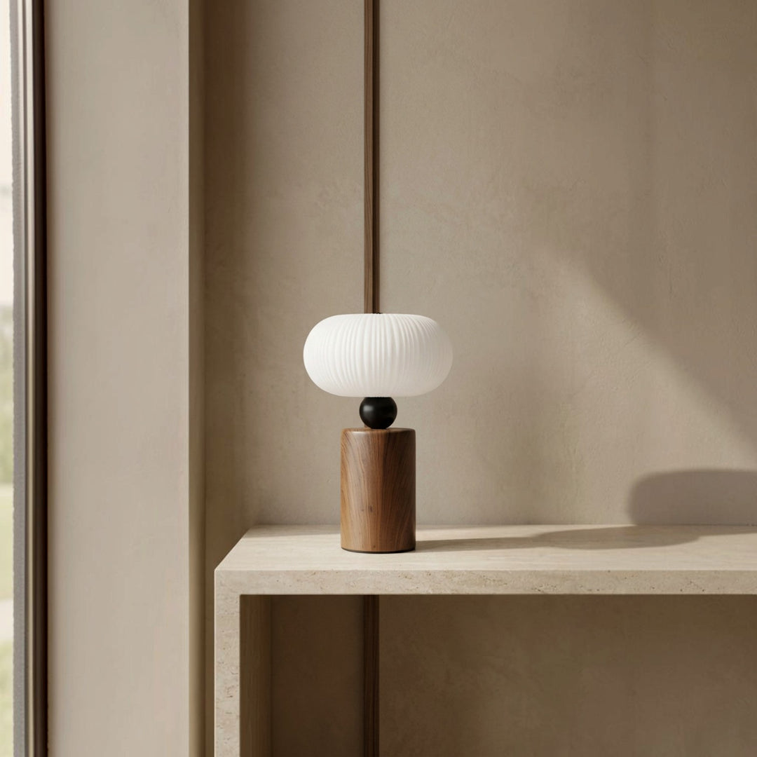 Modern Wooden Table Lamp with Ribbed White Shade