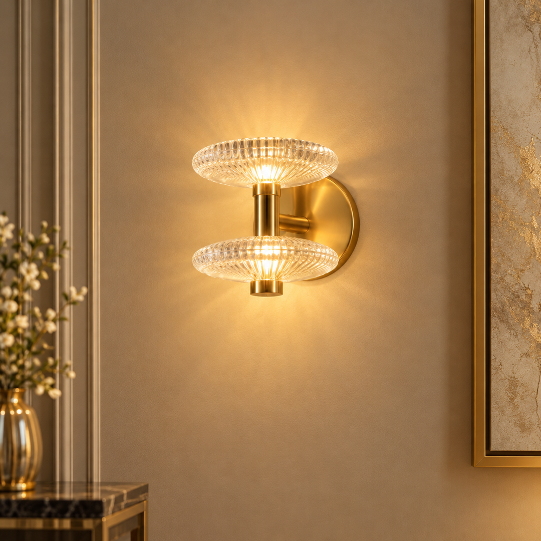 Luxury Gold Brass Double LED Glass Wall Sconce