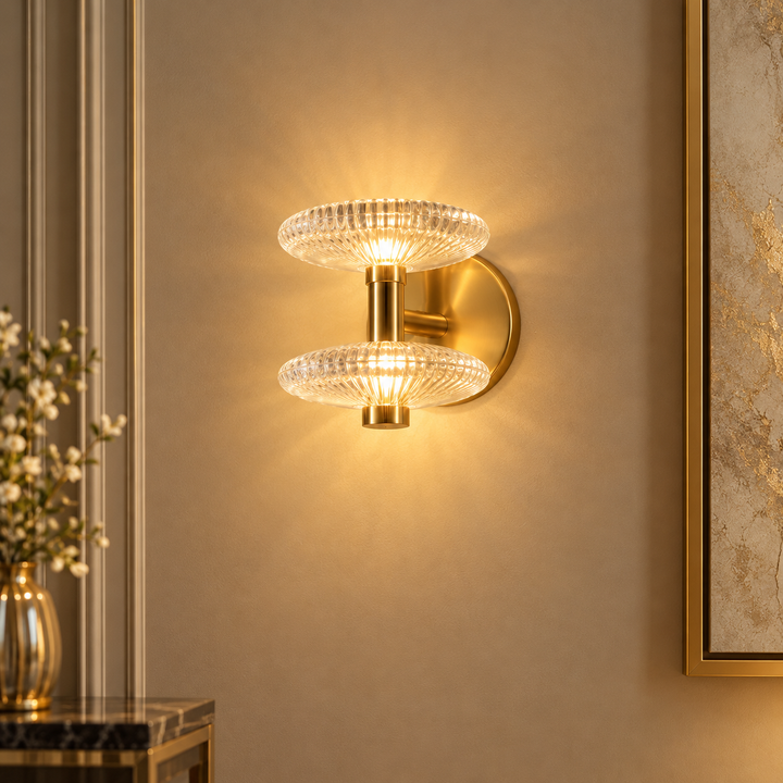 Luxury Gold Brass Double LED Glass Wall Sconce