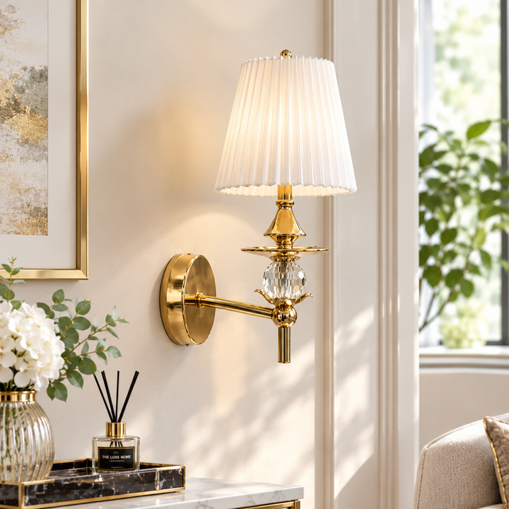 Luxury Gold Wall Sconce with White Pleated Shade & Crystal Accent
