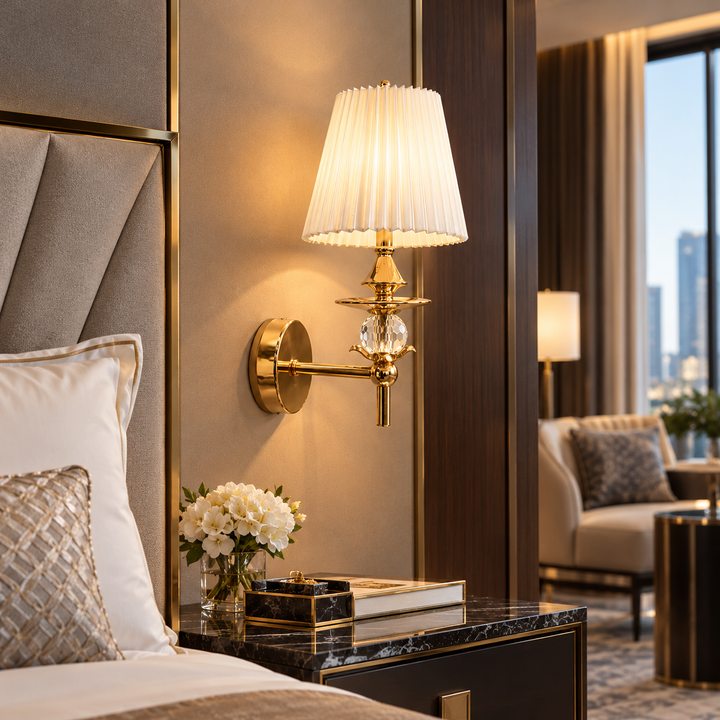 Luxury Gold Wall Sconce with White Pleated Shade & Crystal Accent