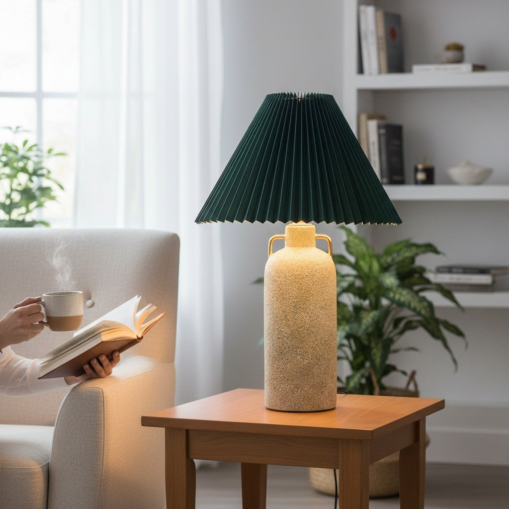 Contemporary Stone Table Lamp With Teal Pleated Shade