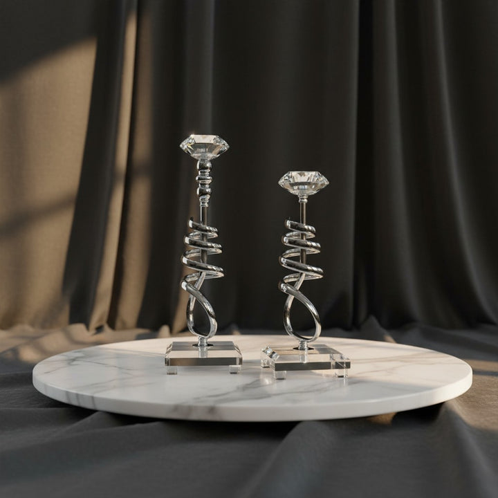 Modern Crystal & Chrome Spiral Candle Holders