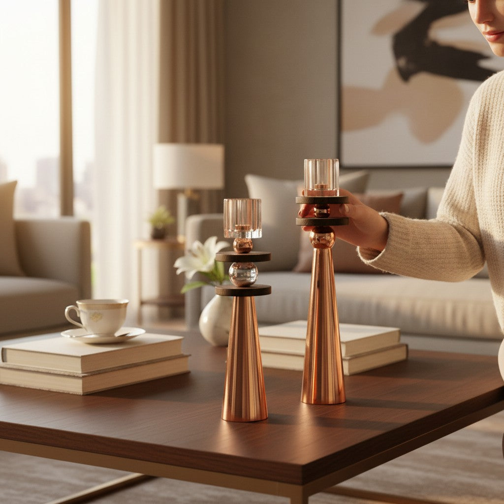 Black Crystal-plates Candle Stands Set