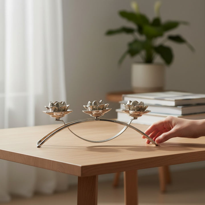 Modern Silver Candle Holder with Crystal Flower