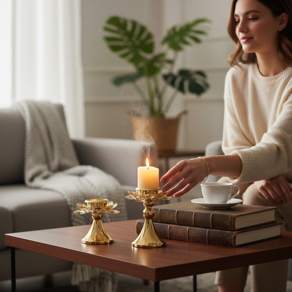 Artisan Crystal & Brass Accent Candle Holder