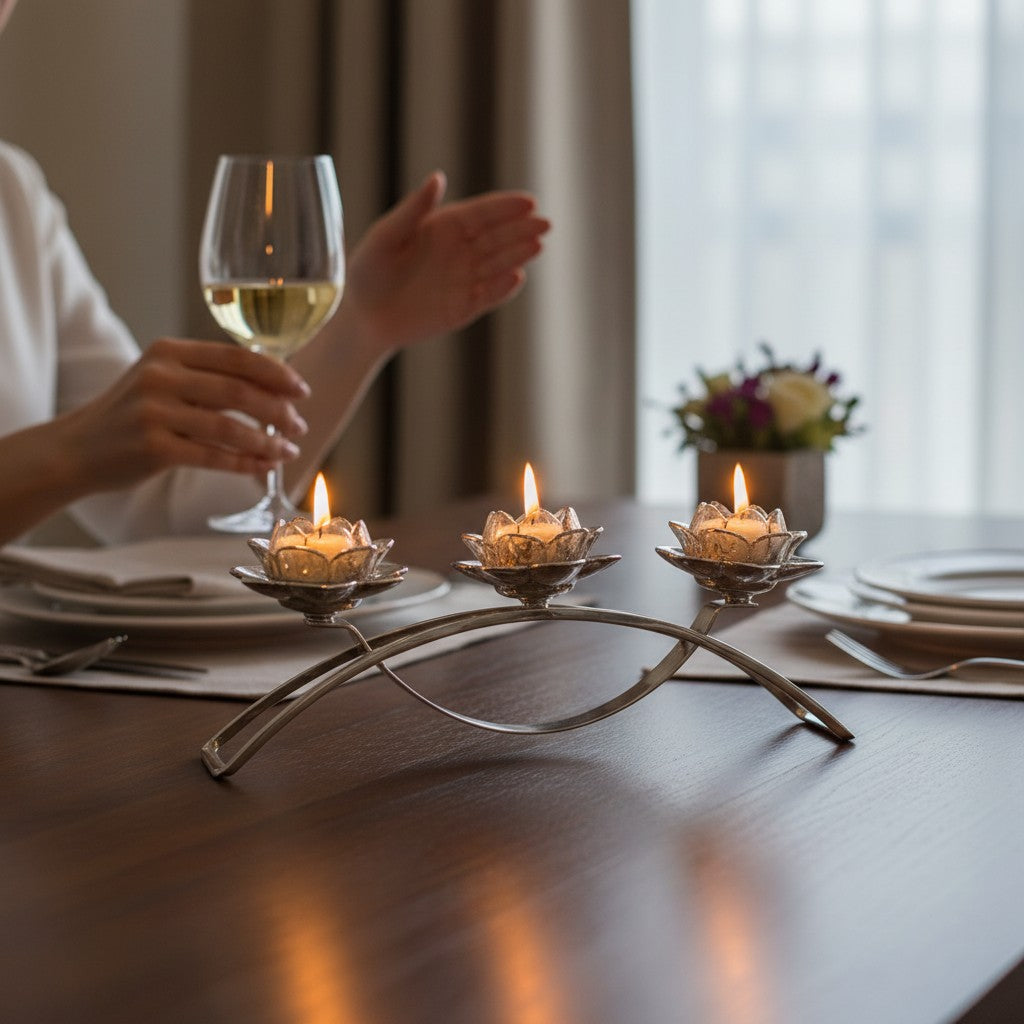 Modern Silver Candle Holder with Crystal Flower