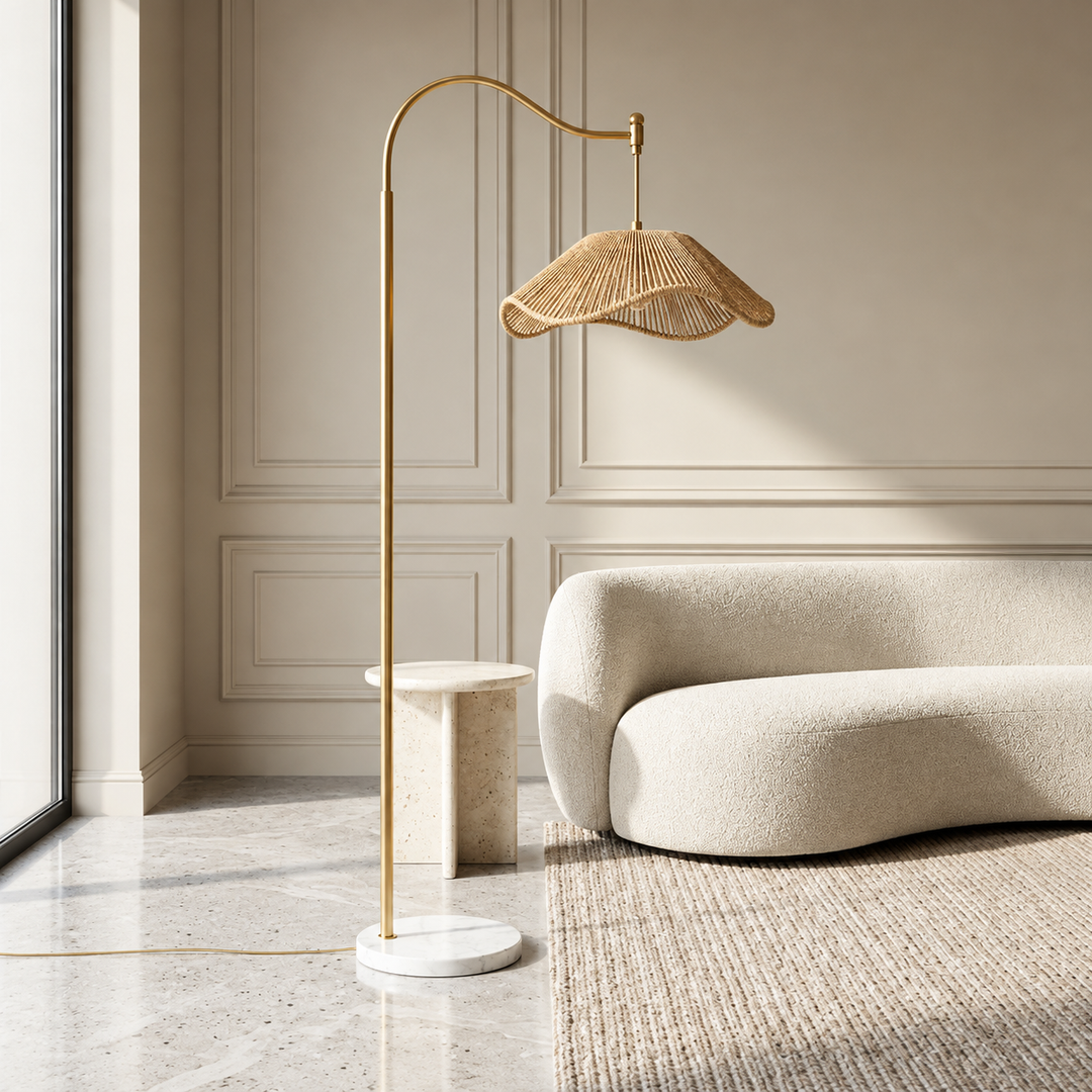 Luxury Gold Arc Floor Lamp with Woven Shade