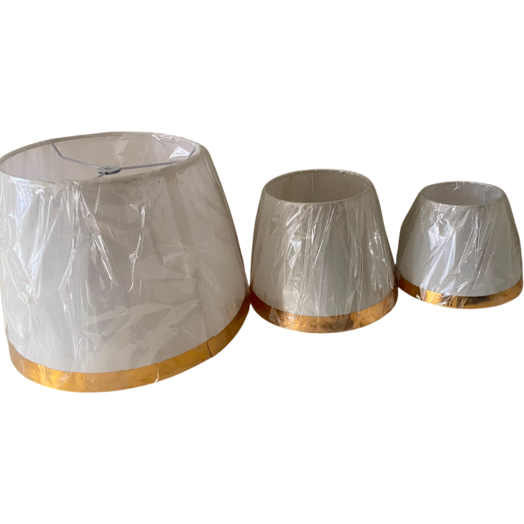 White Fabric Lampshade Pair with Gold Trim