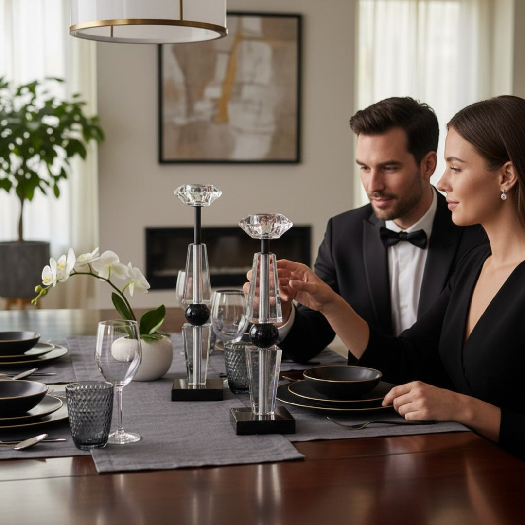 Luxe Crystal Black Sphere Candle Holders (Pair)