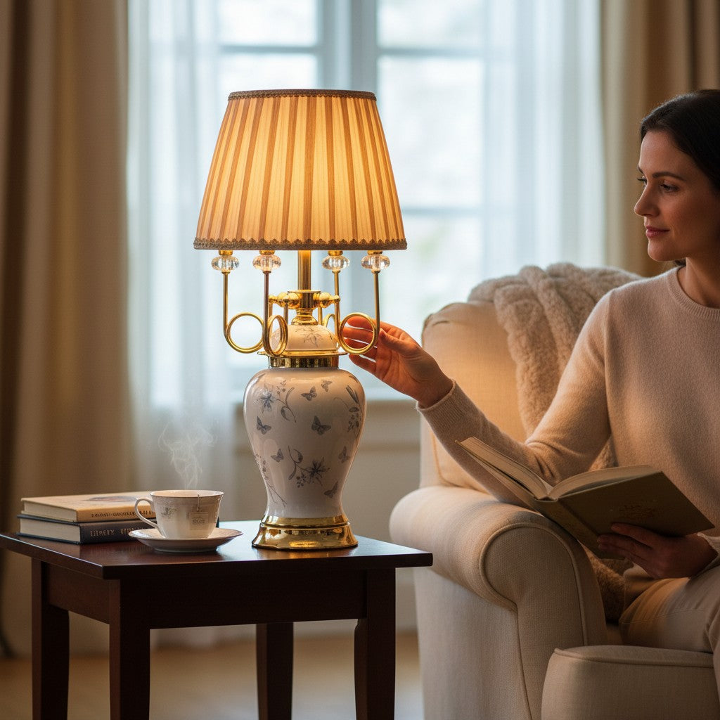 Elegant White-Gold Floral Pattern Table Lamp
