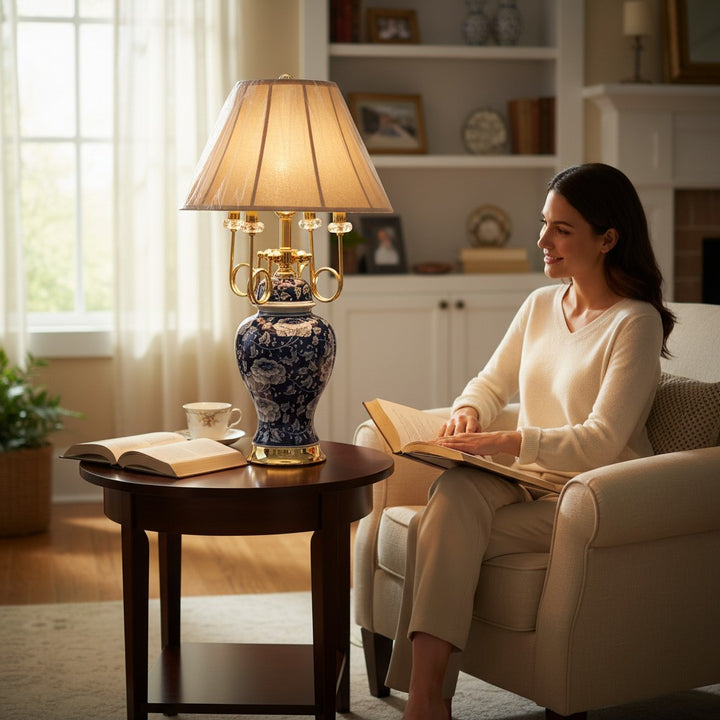 Royal Blue Floral Pottery Porcelain Table Lamp