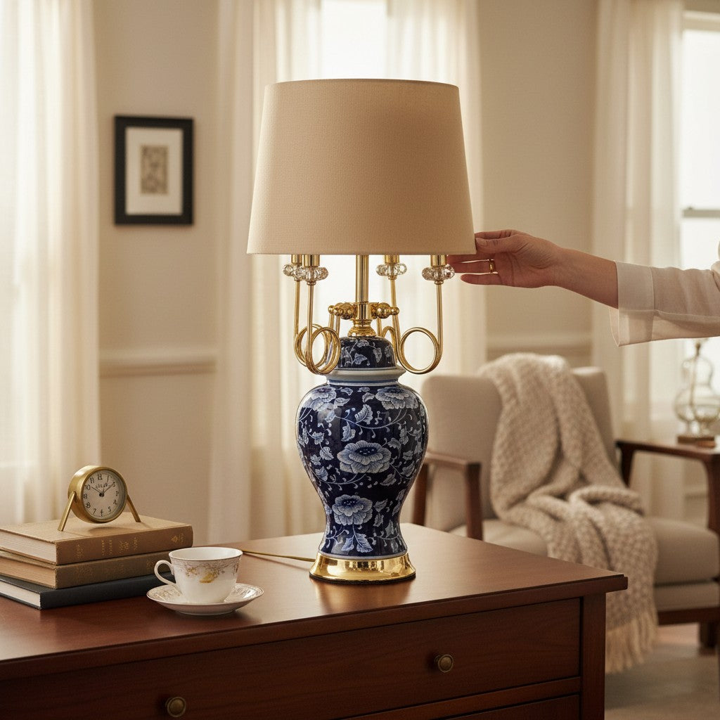 Royal Blue Floral Pottery Porcelain Table Lamp