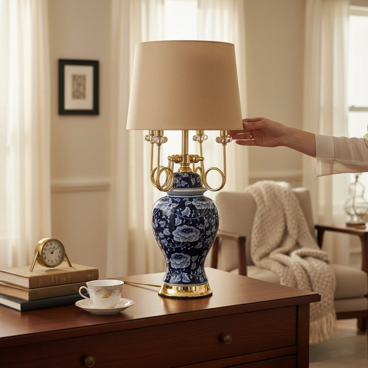 Royal Blue Floral Pottery Porcelain Table Lamp