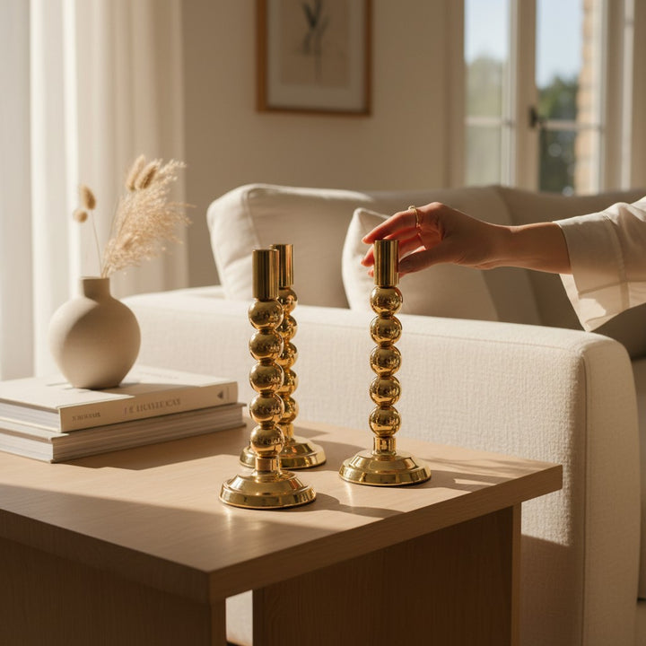Gold Beaded Taper Candle Holders (Set of 3)
