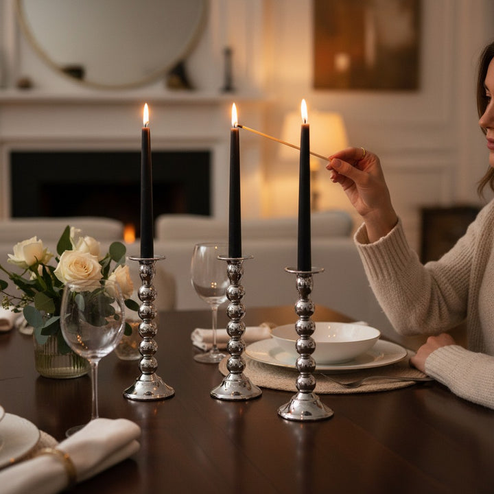 Silver Beaded Taper Candle Holders (Set of 3)