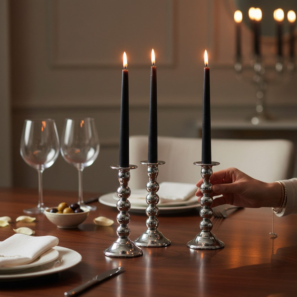 Silver Beaded Taper Candle Holders (Set of 3)