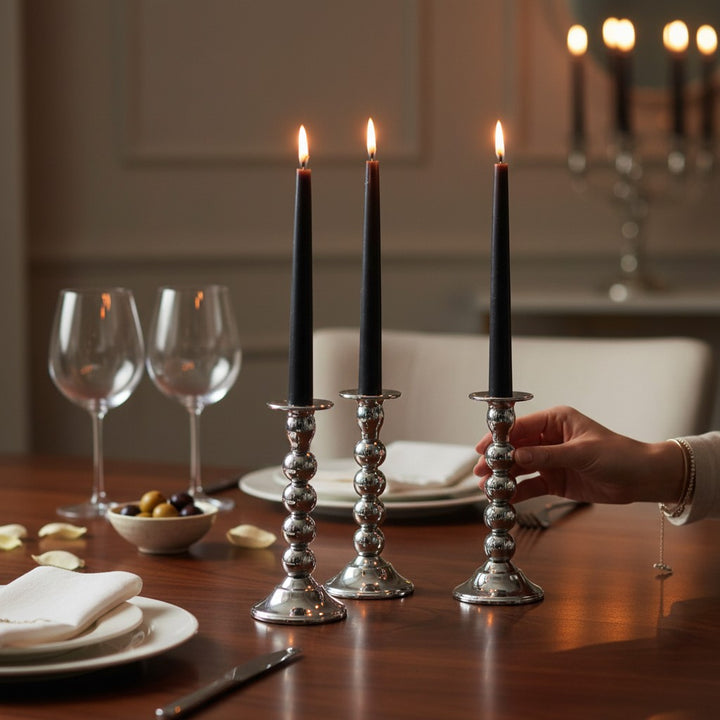 Silver Beaded Taper Candle Holders (Set of 3)