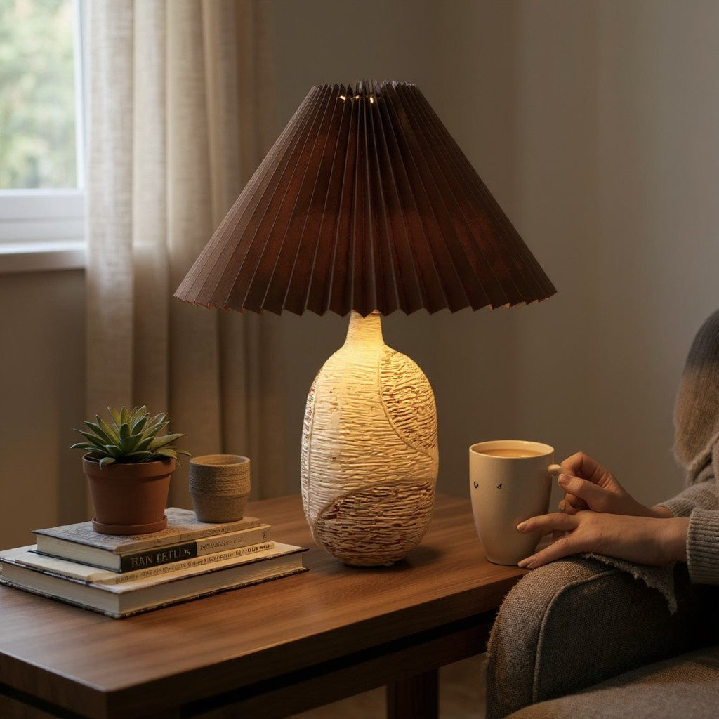 Luxe Ash-Brown Textured Ceramic Table Lamp