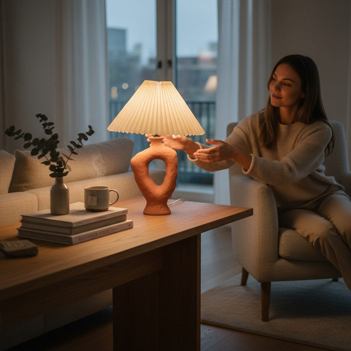 Artistic Terracotta Table Lamp With Pleated Shade