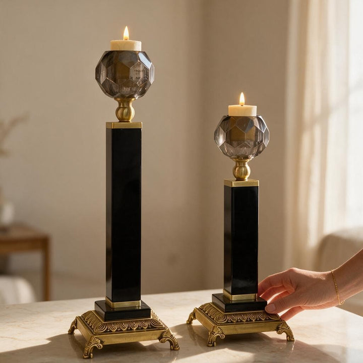 Black & Gold Crystal LED Candle Holder Pair