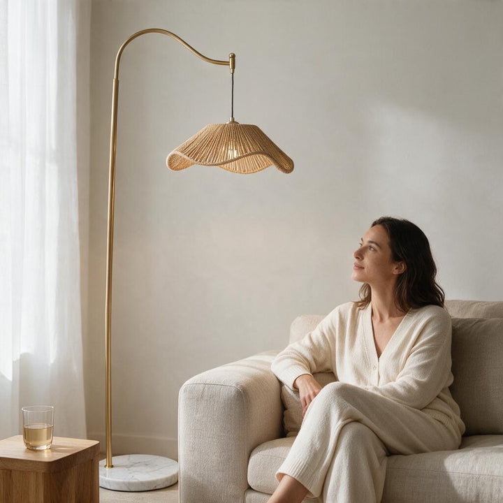 Luxury Gold Arc Floor Lamp with Woven Shade