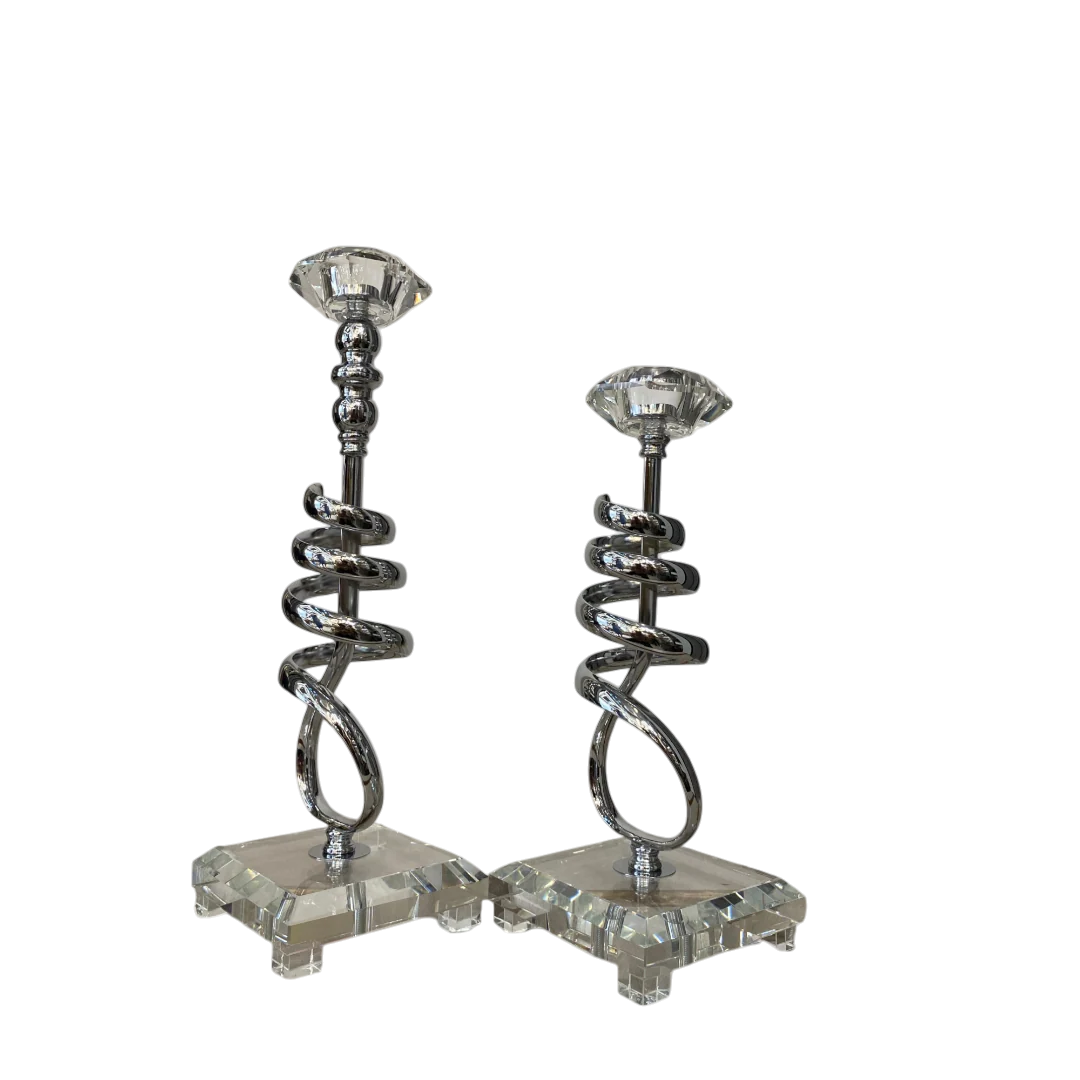 Modern Crystal & Chrome Spiral Candle Holders