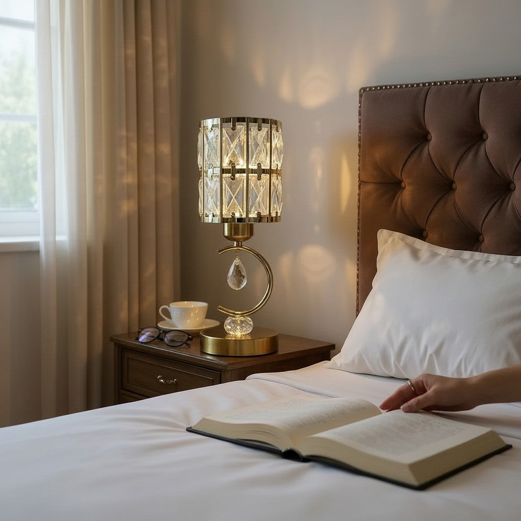 Modern Metallic LED Side Table Lamp with Crystal Accents