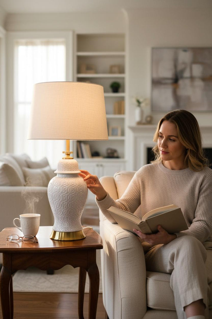 Embossed White Porcelain Table Lamp
