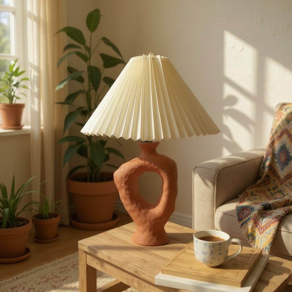 Artistic Terracotta Table Lamp With Pleated Shade